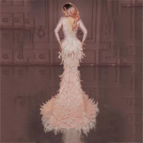 Pink Rhinestones Nude Feather Maxi Dress