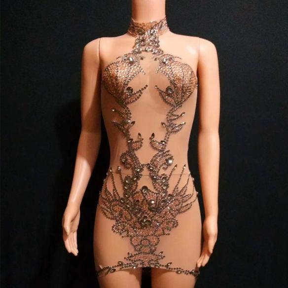 Nude Rhinestone Short Dress