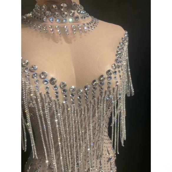 Nude Sleeveless Rhinestones Fringed Dress