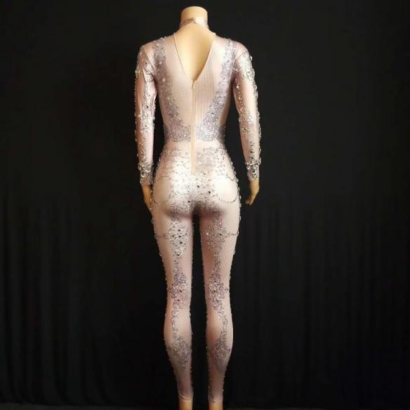 Skincolor Rhinestone Grid Bodysuit