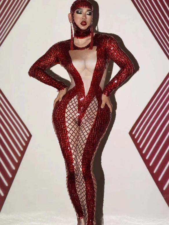 Red Mesh Bodysuit （include headdress）