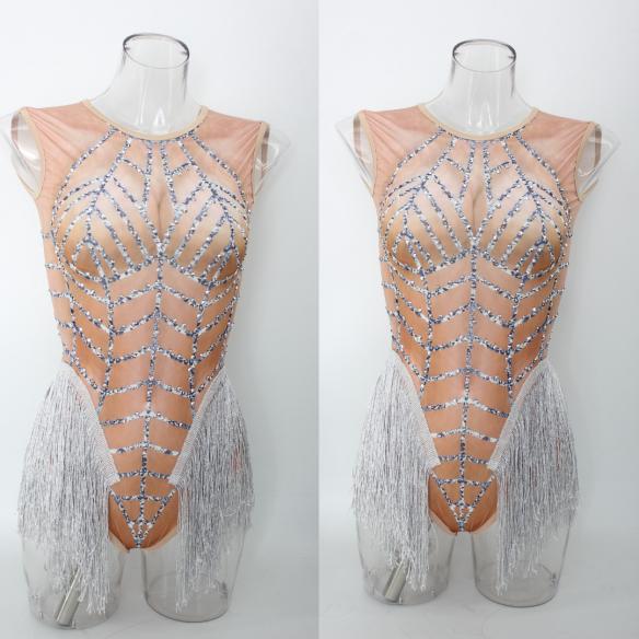 Silver Rhinestones Nude Fringe Bodysuit 