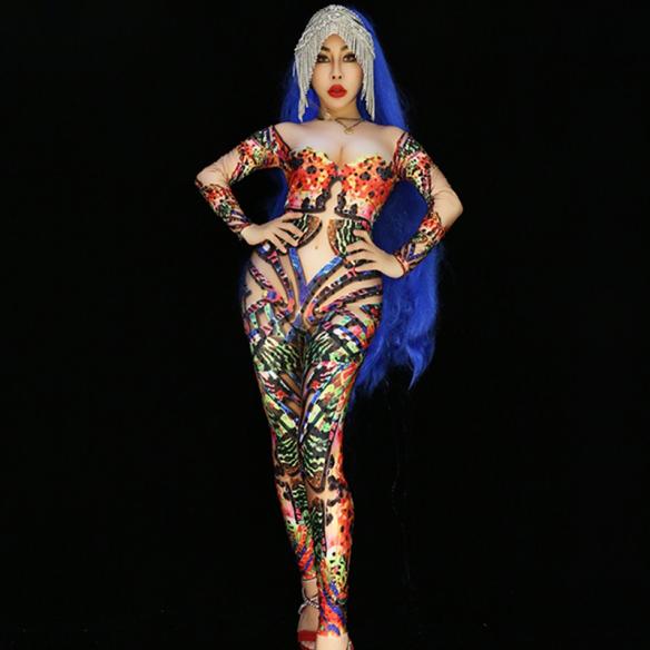 Multicolor Rhinestones Nude Bodusuit