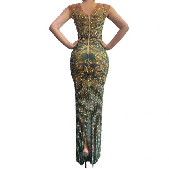 Blackish Green Rhinestoned Long Dress
