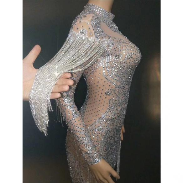 Silver Rhinestones Tassel Dress