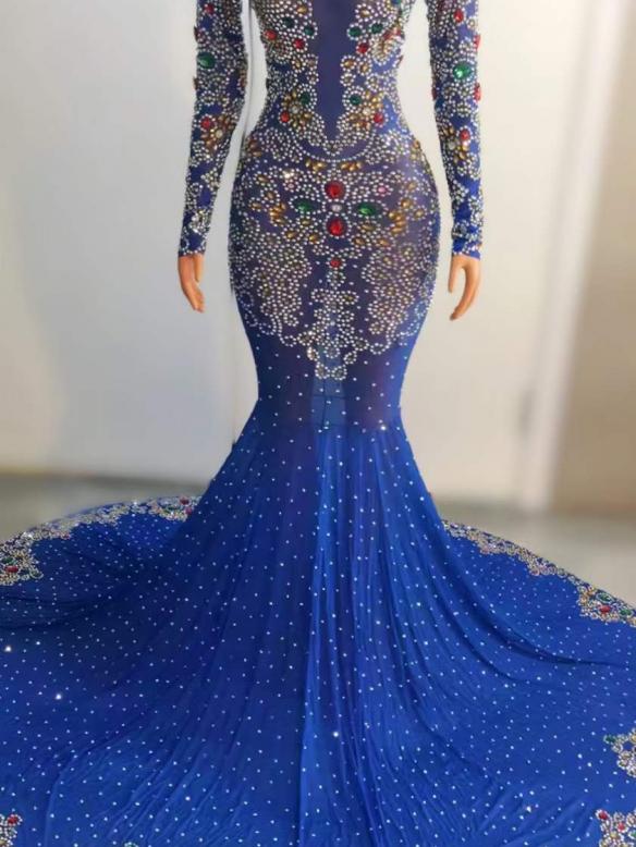 Customized shiny rhinestone trailing dress