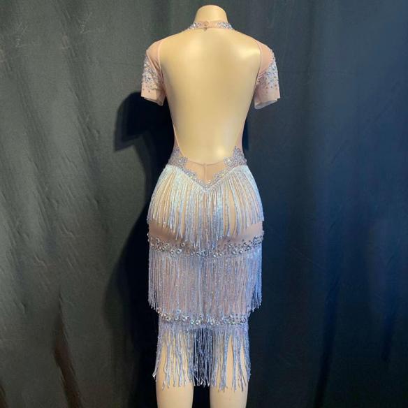 Nude Rhinestone Dress With White Tassels