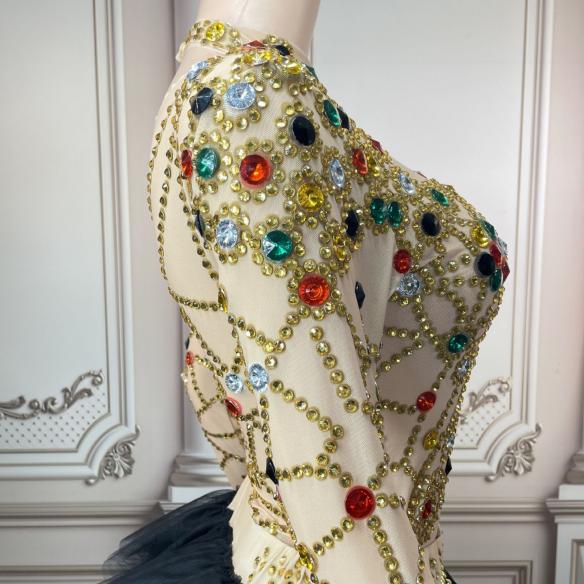 Black mix red rhinestone mesh dress