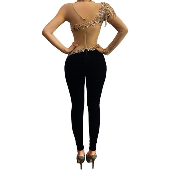 Half Nude and Half Black Shiny Bodysuit