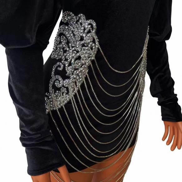 Customize Black Velvet Rhinestone Dress
