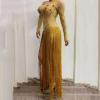 Gold Rhinestones Long Fringed Dress
