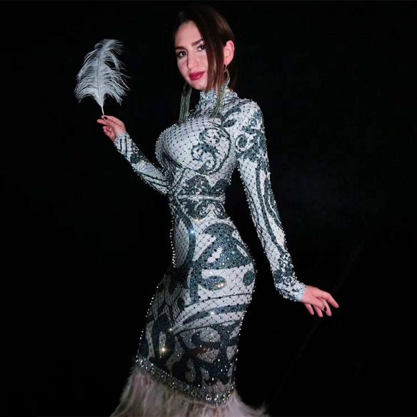 White Feather Rhinestones Gown Dress