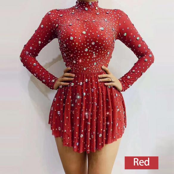 Multi- color Rhinestone Transparent Plicate Dress