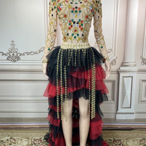 Black mix red rhinestone mesh dress