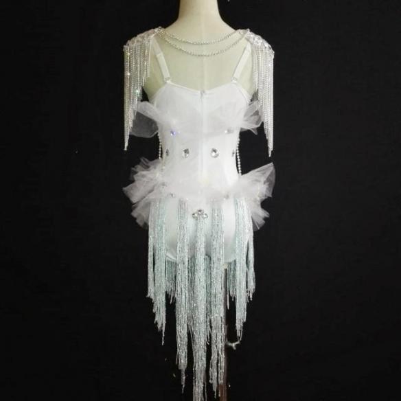 White Fringed Crystallized Epaulette Leotard