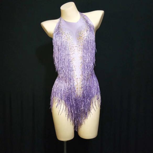 Purple Fringe Rhinestones Leotard