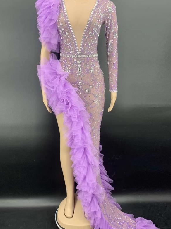 Purple Lace Long Sleeve Rhinestone Dress