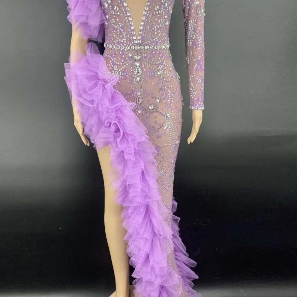 Purple Lace Long Sleeve Rhinestone Dress