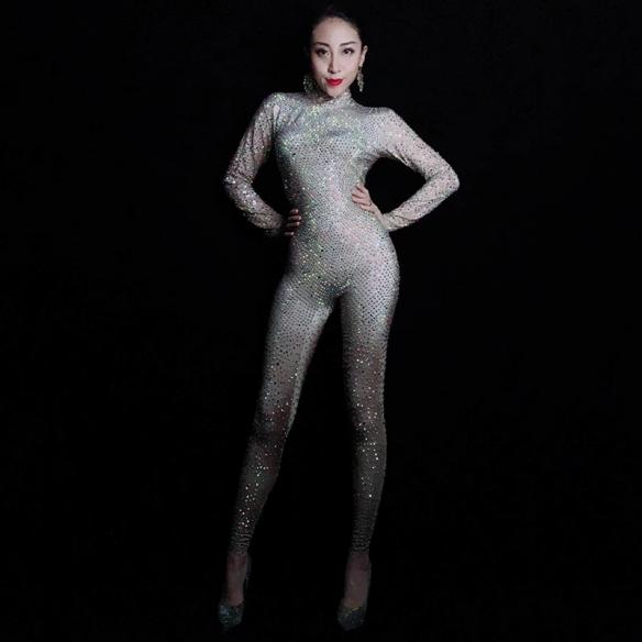 Glass Rhinestones Stretchy Bodysuit