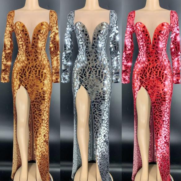 Red Sequin High Split Long Dress