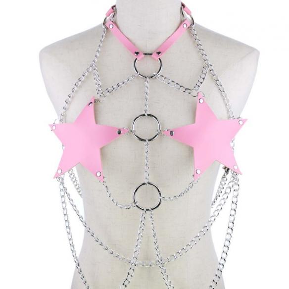 Pink Body Cage Harness Bra Metal Chain Rave Costume