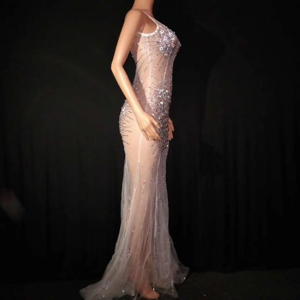 Multi- color Rhinestone Transparent Dress