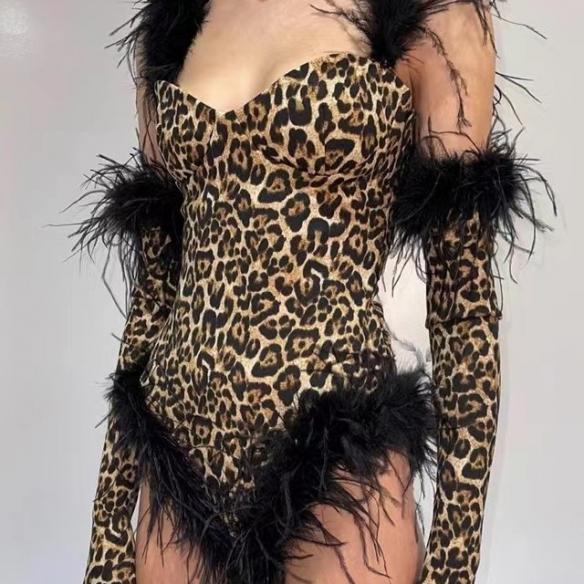 Leopard fringe leotard (include gloves)