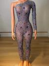Full rhinestone single sleeve bodysuit