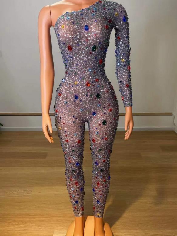 Full rhinestone single sleeve bodysuit