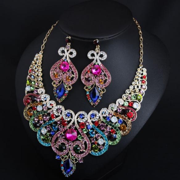 Triple iridescent crystal and rhinestone drop drag queen crystal necklace & earrings