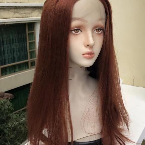 Reddish brown long straight synthetic wig
