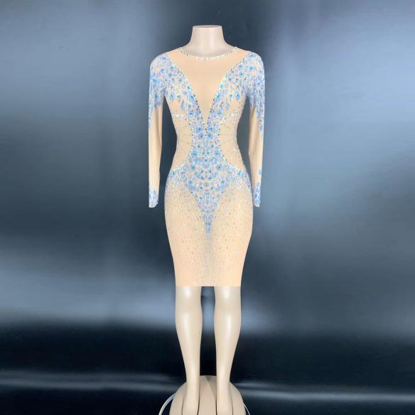 Skincolor Blue rhinestone Short Dress