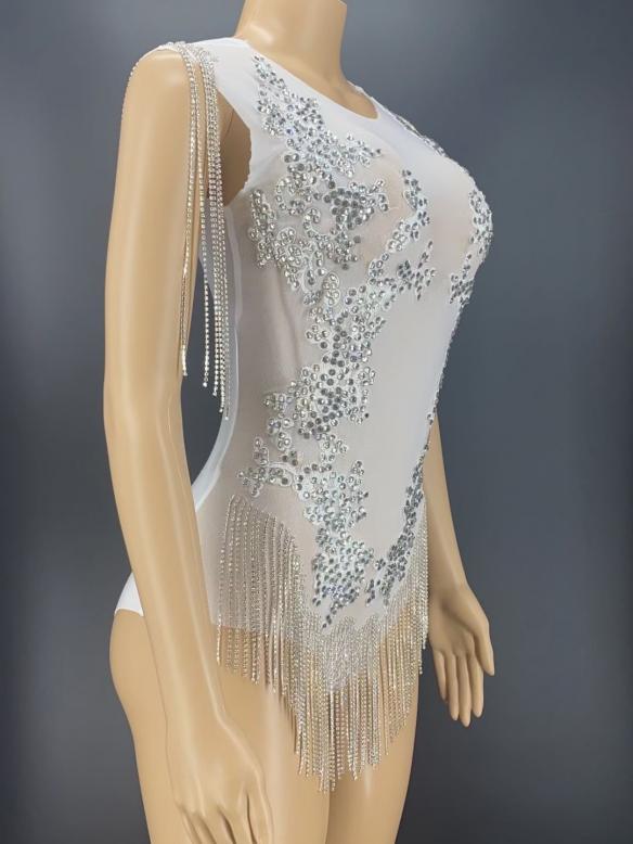 White Tassel & Rhinestone Leotard