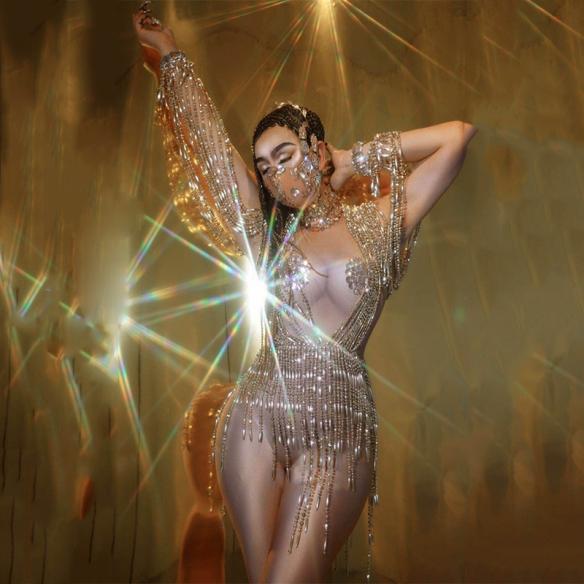 Silver Beading Pendant Sequin Bodysuit