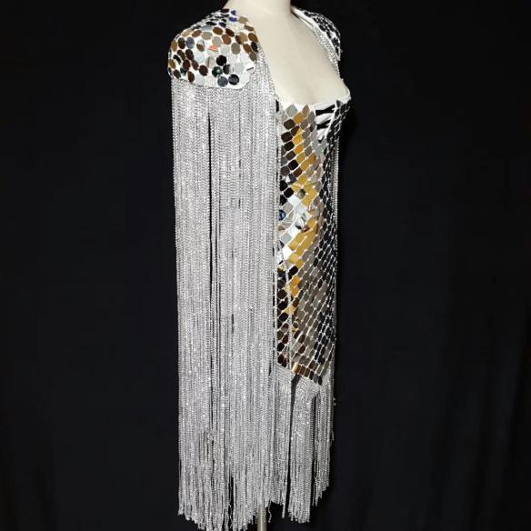 Mirror- like Siver Sequin Tassel Dress