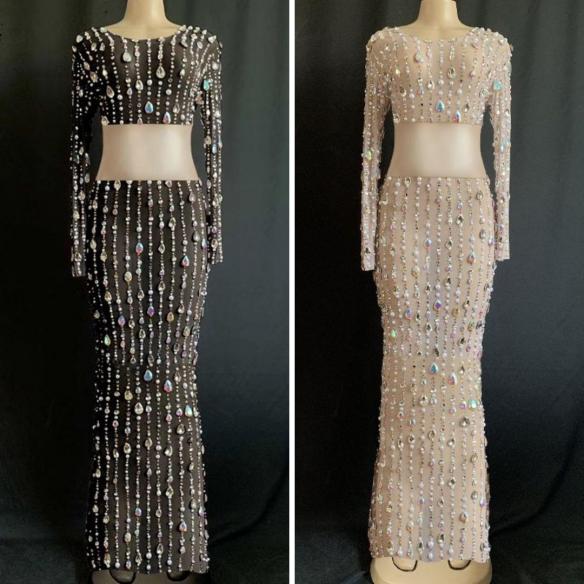 Multi-color Rhinestone Transparent Two-piece Dress