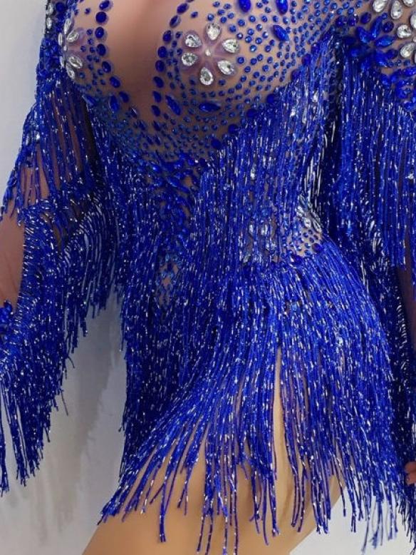 Blue Diamond Drag Fringe Bodysuit