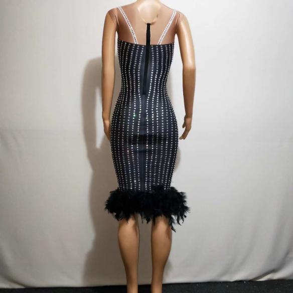 Black Rhinestone Feather Dress