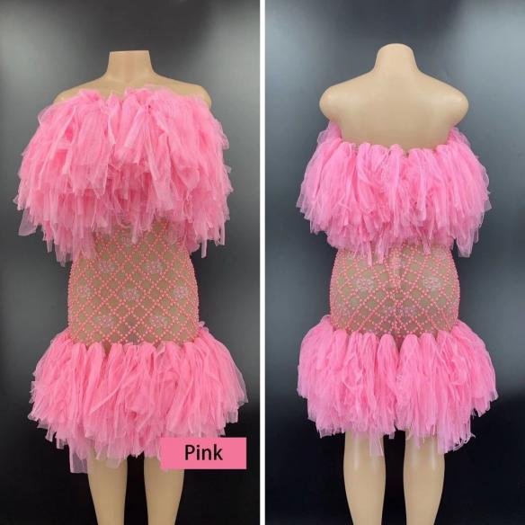 Various Colors Bead Grid Tulle Dress