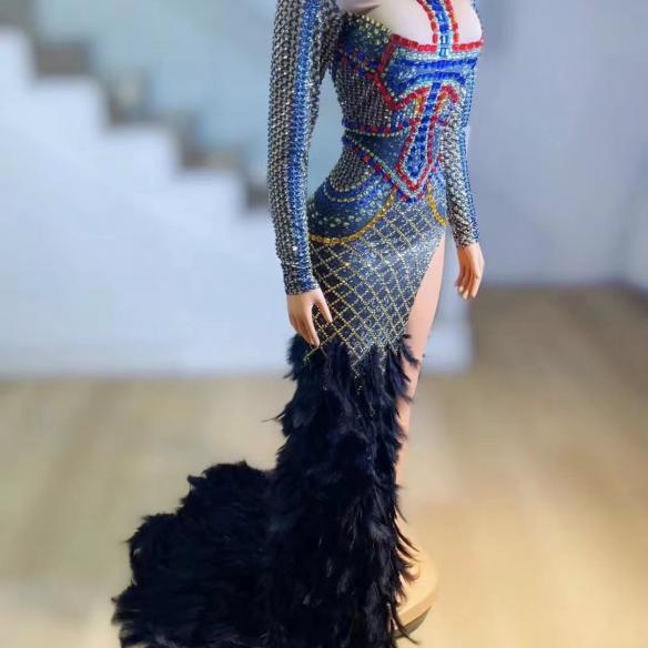 Full rhinestone feather fishtail dress