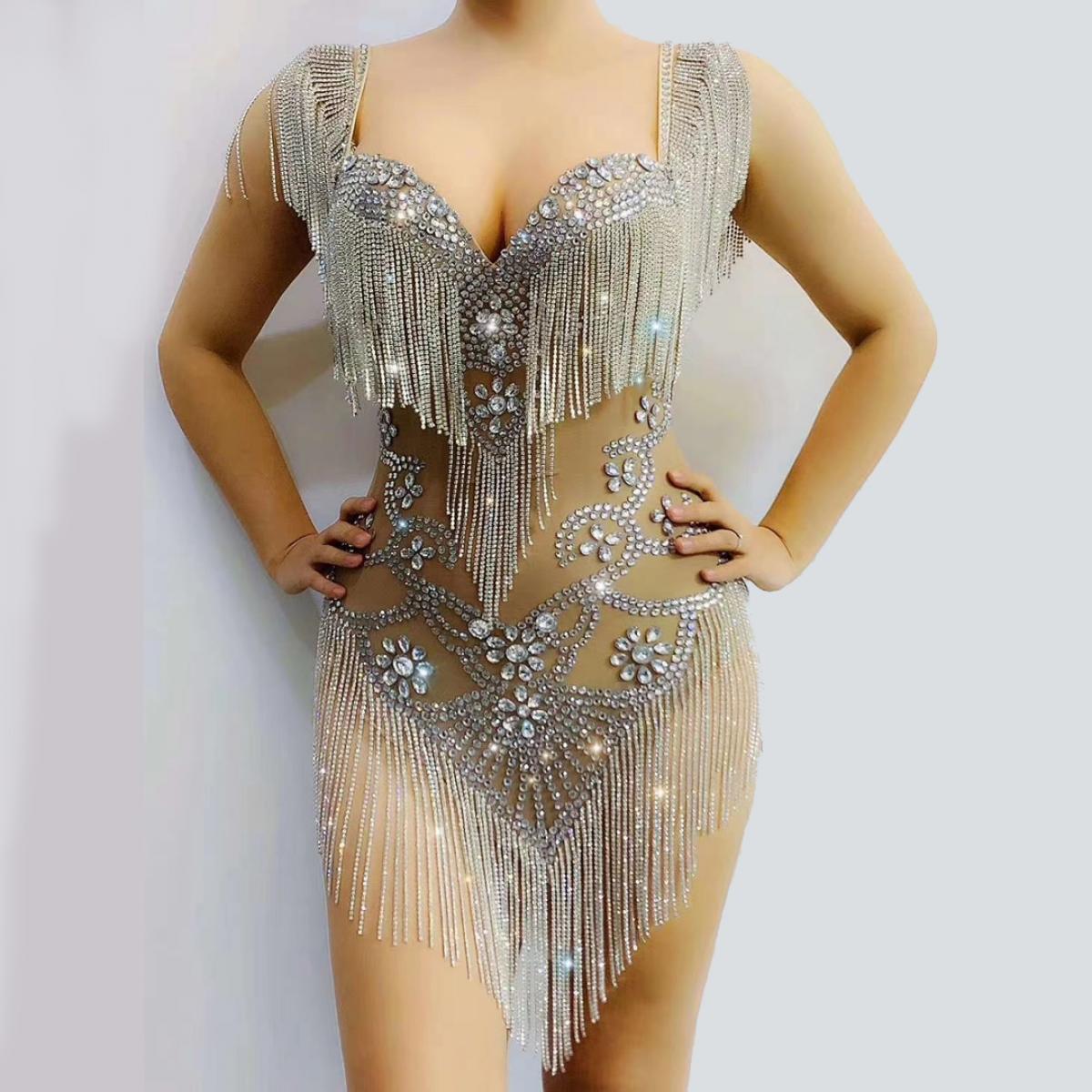 Silver Tassel Rhinestone Slip Dress Costumes Raywigs