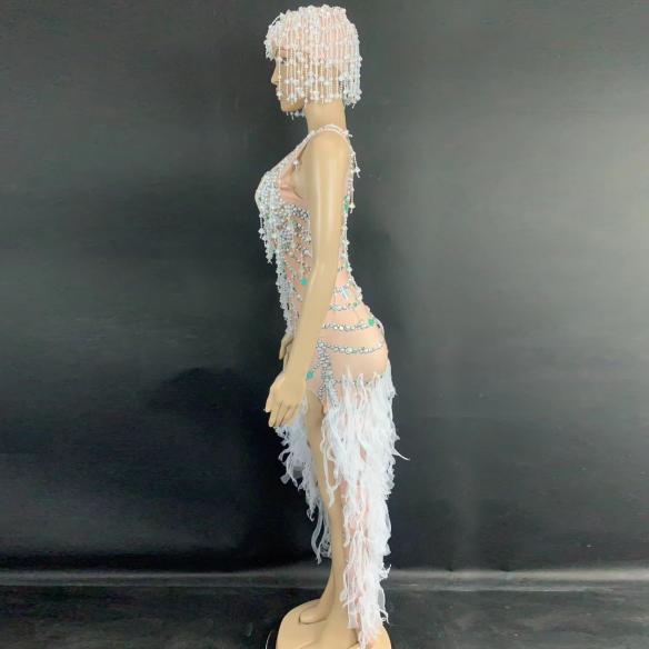 Skincolor White Bead High Split Trailing Dress