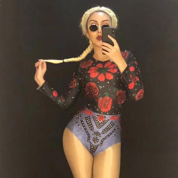 Black Floral Rhinestones Leotard