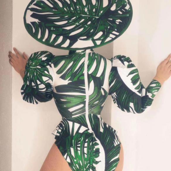 Green Leave Print Leotard (include hat)