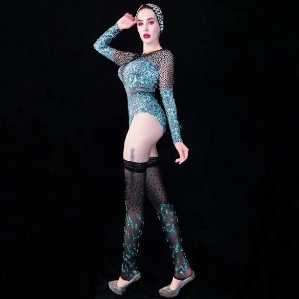 Light Blue Bodysuit With Black Rhinestones