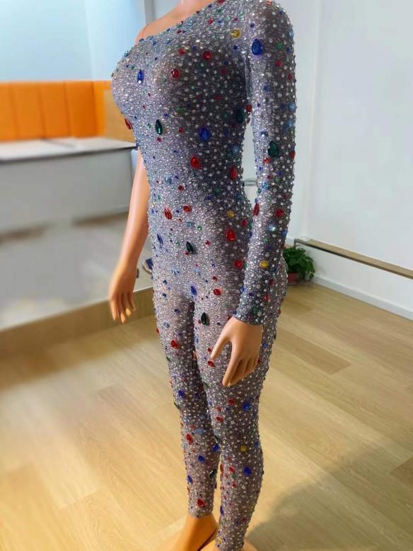 Full rhinestone single sleeve bodysuit