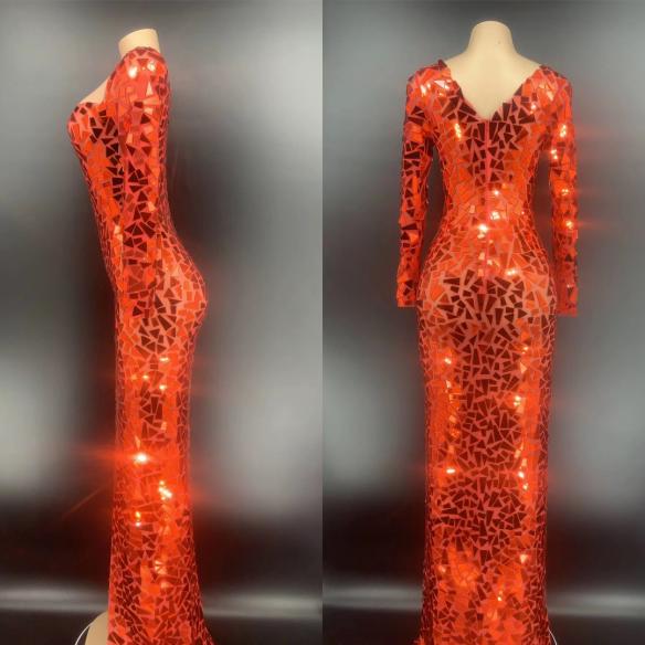 Red Sequin High Split Long Dress