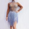 Nude Silver Rhinestones Fringed Short Dress