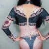 Black Floral Rhinestones Nude Bodysuit