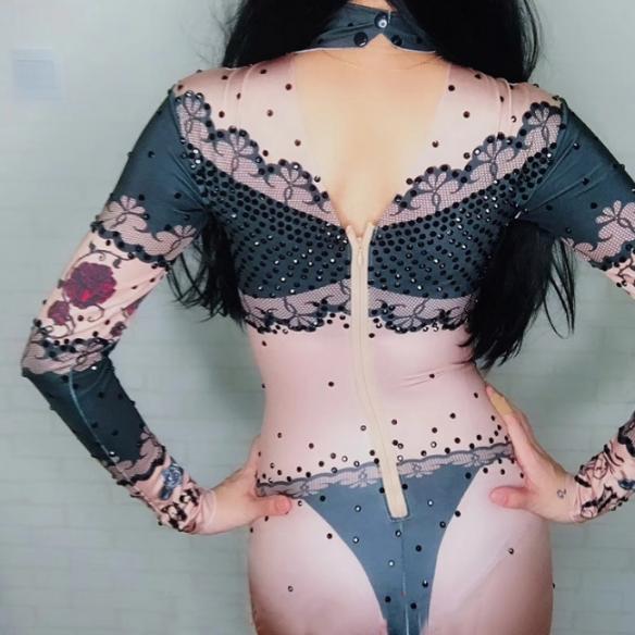 Black Floral Rhinestones Nude Bodysuit